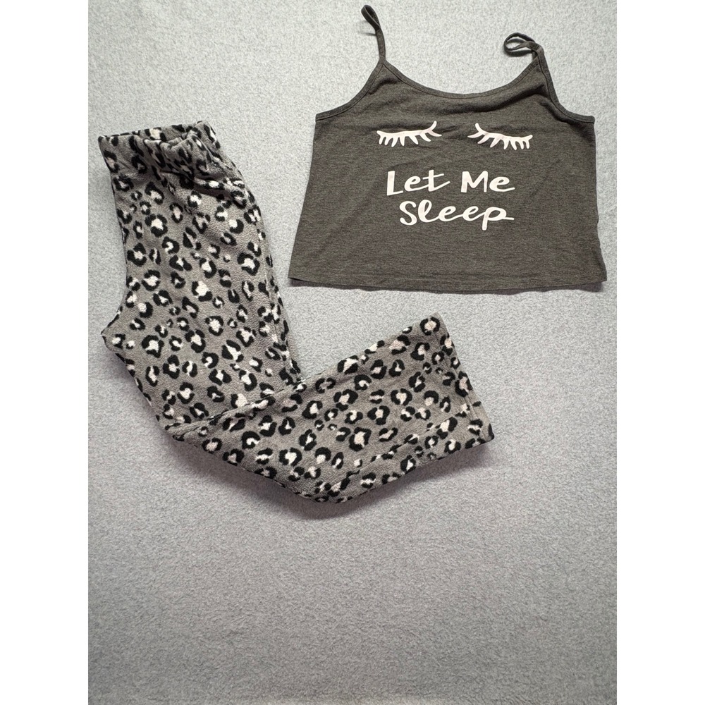Just Be Pajama Set Womens Medium Gray Let‎ Me Sleep Cami Leopard Plush Pants 2PC